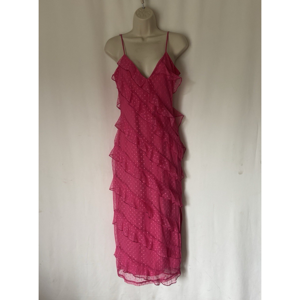 Lulus Dress XS Midi Pink Ruffles Polka Dot Romantic Cocktail Formal Bodycon Boho
